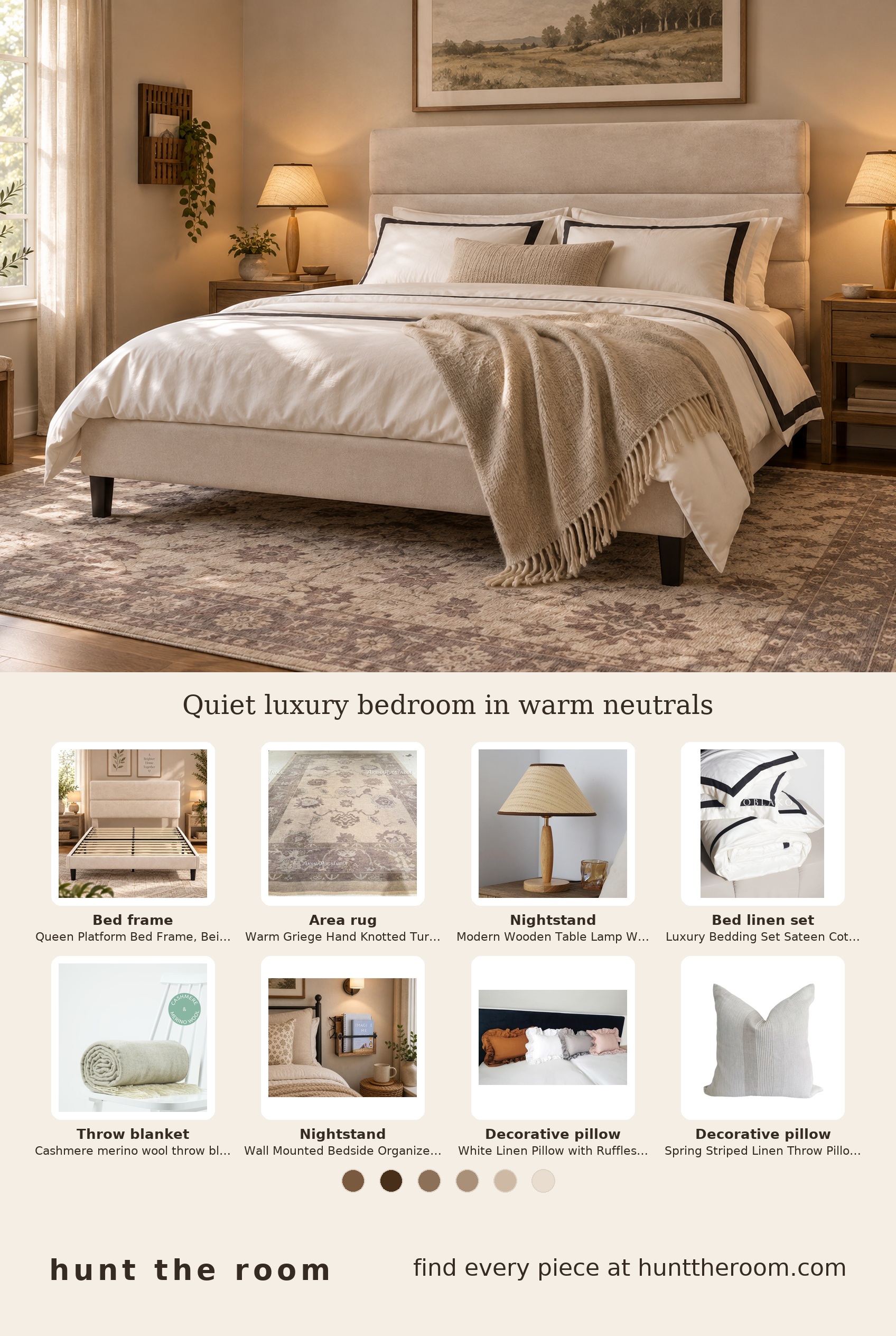 Flat lay of a beige velvet queen platform bed, warm griege Turkish Oushak rug, wooden table lamps with woven shades, cream white sateen bedding, beige cashmere merino wool throw, wall-mounted wooden bedside organizer and neutral decorative pillows.