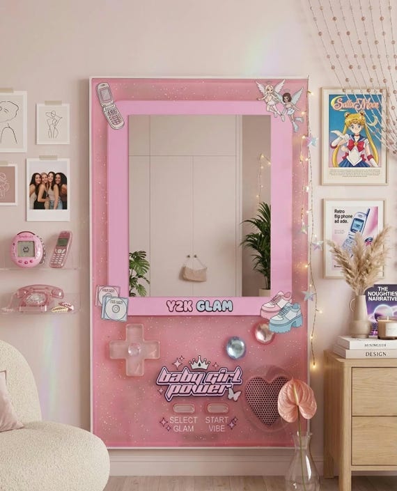 Pink Y2K Gameboy Mirror Kawaii Gamer Girl Room Decor Retro 90s Handheld Console Wall Art Aesthetic Glitter Vanity Mirror Coquette Room Decor