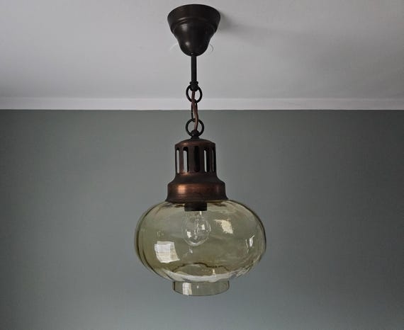 Vintage Amber Glass Pendant Light | Industrial Brass Tone Ceiling Lamp | Mid Century Hanging Light