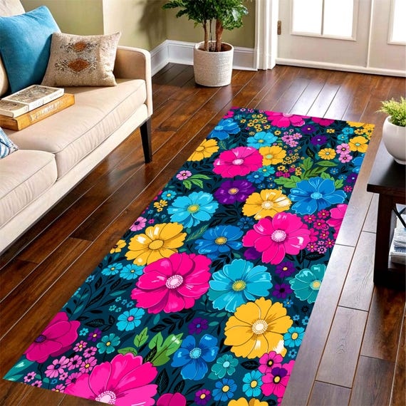 Jewel Tone Floral Runner Rug: Pink Blue Yellow Botanical Hallway Carpet, Non-Slip Machine-Washable