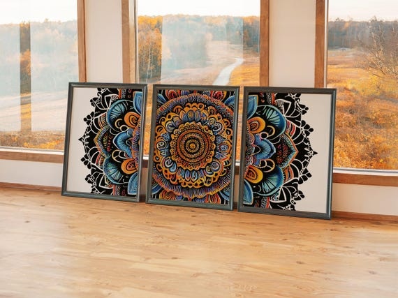 Set of 3 Psychedelic Floral Wall Art, Retro Mandala Triptych Prints, Vibrant Jewel Tone Decor, Colorful Geometric Gallery Set