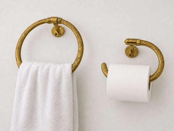 Unlacquered Brass Towel Ring & Toilet Roll Holder Set - Hand Engraved Bathroom Accessories | Moroccan Artisan Powder Room Decor