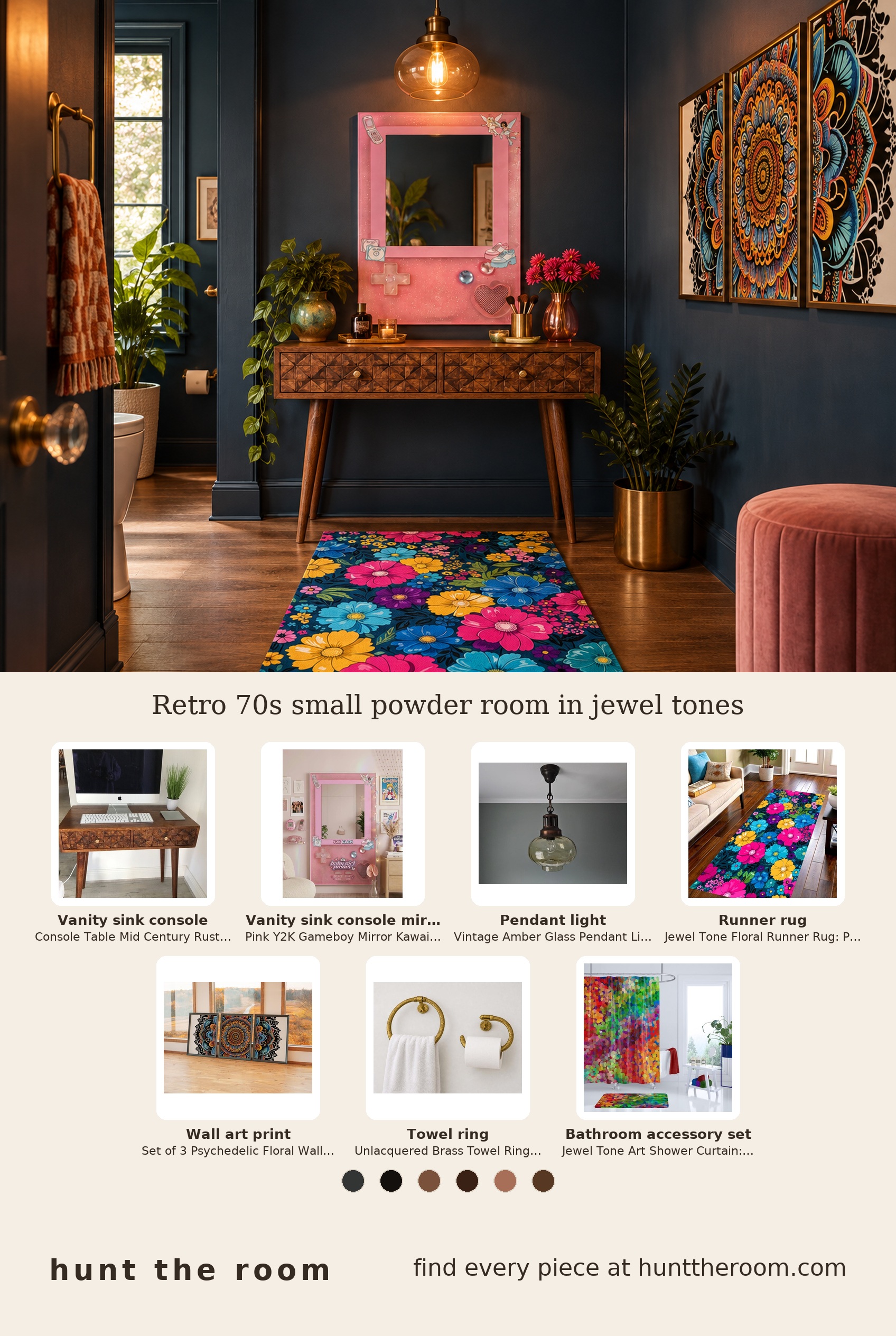 Flat lay images of a mid-century rustic wood console table, pink gameboy-shaped mirror, amber glass pendant lamp, vibrant floral runner rug, psychedelic wall art prints, brass towel ring and jars, and a colorful shower curtain laid out as product photos.