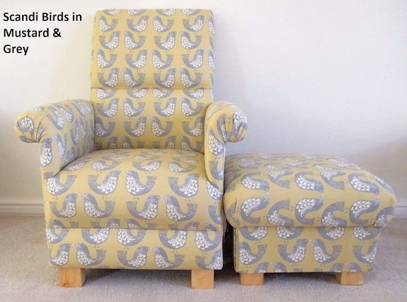 Scandi Birds Fabric Adult Armchair & Footstool Set Chair Ochre Blue Statement Small Nursery