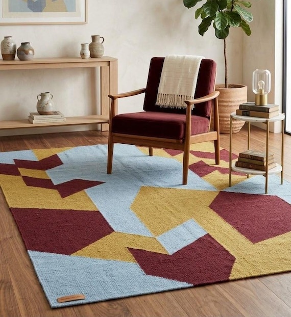 Modern Geometric Handwoven Kilim Rug - Minimalist Blue Mustard Ochre Burgundy Wool Flatweave Area Carpet - Scandinavian Style Floor Decor