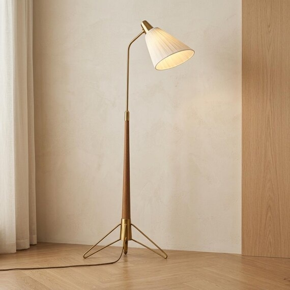 Brass Tripod Floor Lamp · Mid Century Modern Scandinavian · Walnut Wood Stem · Pleated Cone Shade · 1950s Style Designer Light
