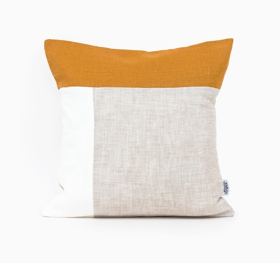 Mid Century Modern Pillow Cover for Aesthetic Room Decor, Colour Block Cushion Covers in Mustard linen, Handmade Decorative Throw Pillow UK