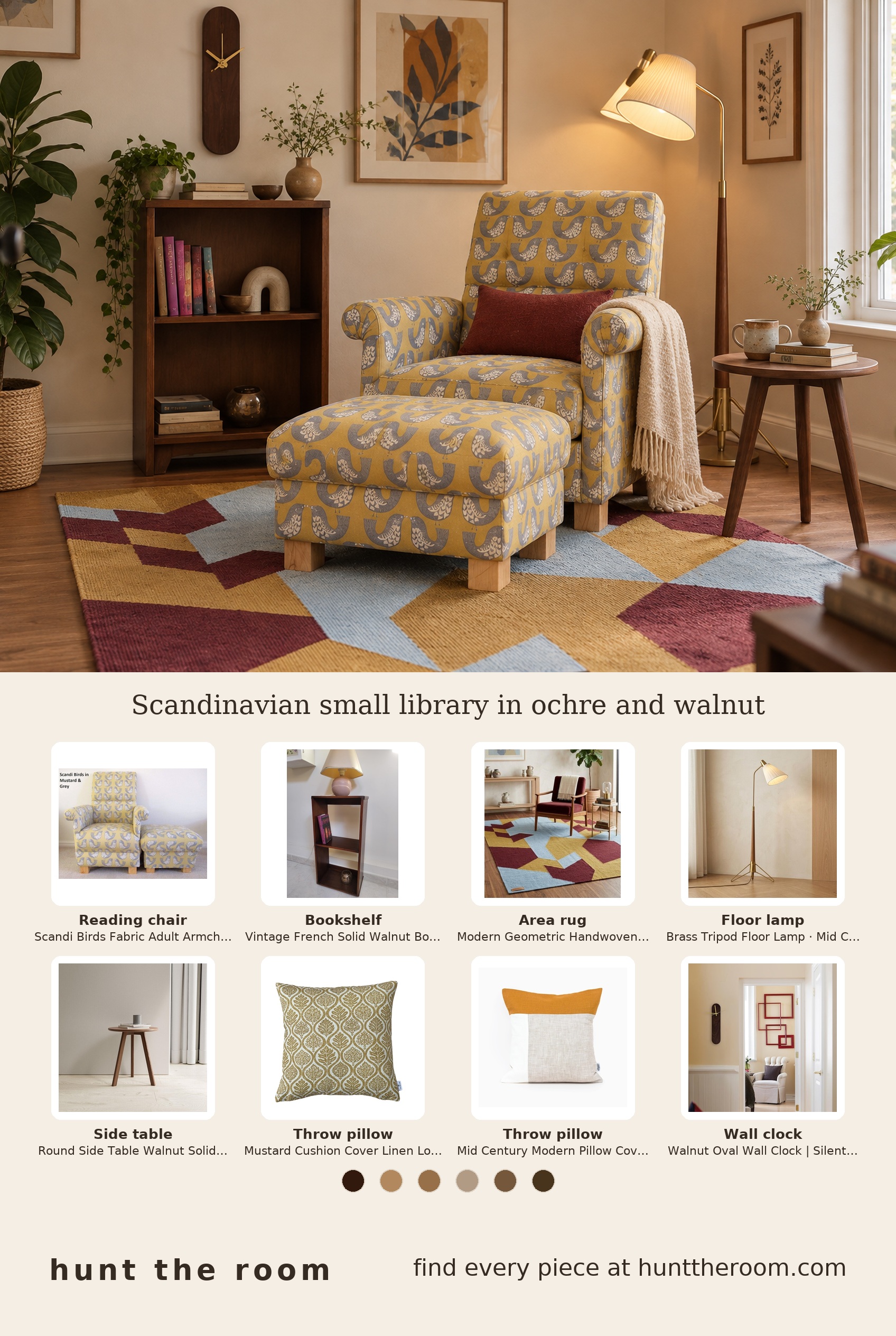 Flat-lay image showing ochre Scandi Birds armchair and footstool, vintage walnut bookshelf, geometric ochre rug, brass tripod floor lamp, walnut round side table, two ochre-themed throw pillows, and a walnut oval wall clock.