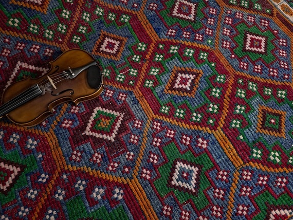 5.7x10.3 Turkish Cicim Kilim Rug, Turquoise Flatweave, Natural Dye, Embroidered Tribal Boho Decor