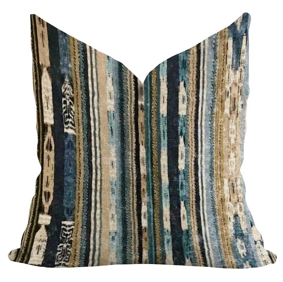 Blue Teal Velvet Aztec Stripe Pillows | Custom Sizes | Textured Cushion | Neutral Tan Navy Throw Pillow Covers | Southwestern Home Decor
