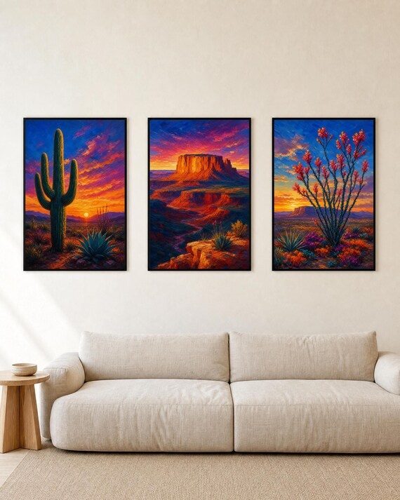 Southwestern Wall Art Set of 3, Colorful Desert Cactus Mesa Ocotillo Prints, Jewel Tone Living Room Decor, Digital Download
