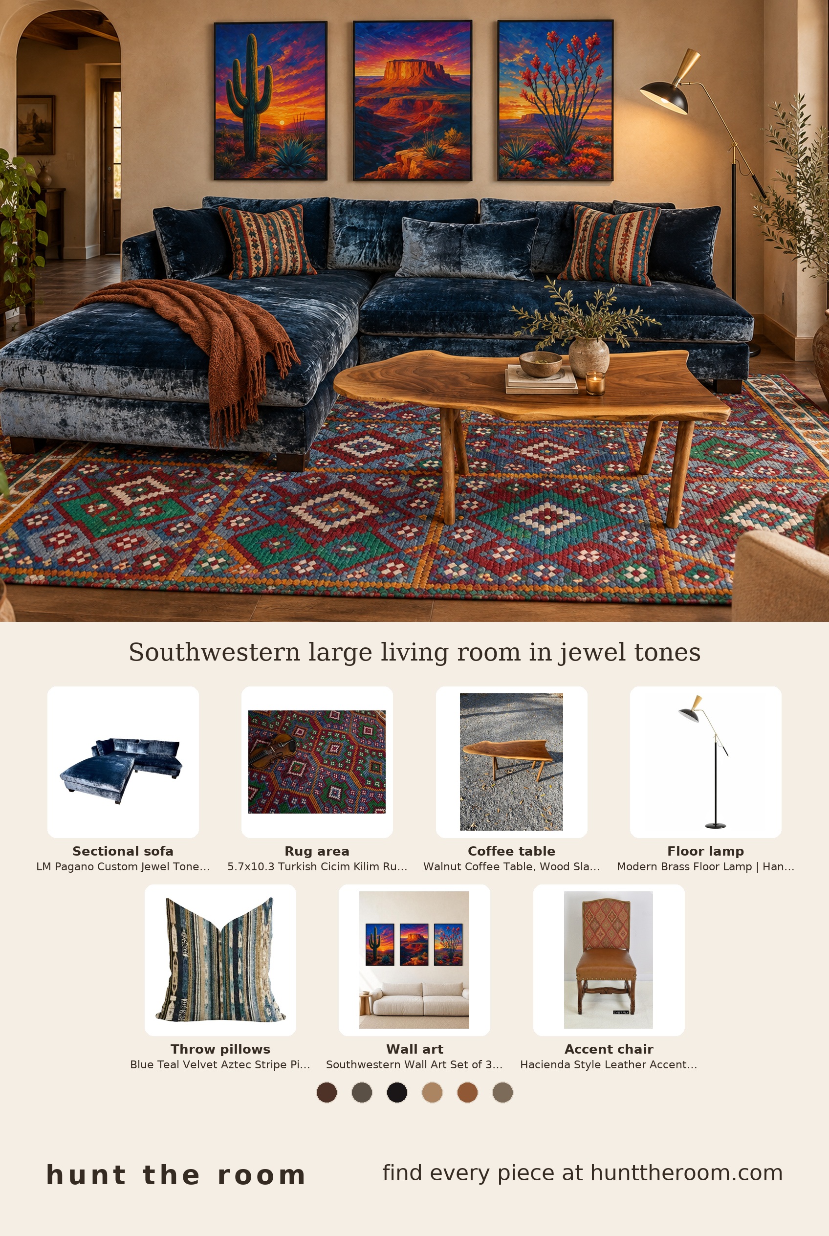 Flat lay of a jewel tone velvet sectional, turquoise embroidered kilim rug, rustic walnut slab coffee table, black and brass floor lamp, blue teal velvet aztec pillows, southwestern cactus wall art prints, and a leather accented wooden chair.