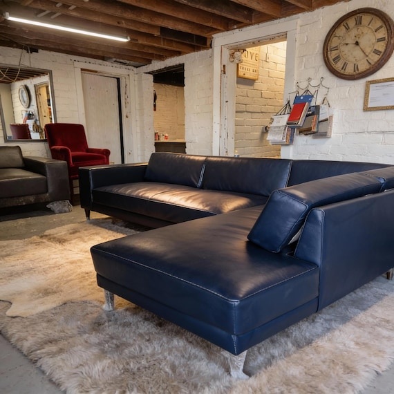 Lincoln Navy Blue Leather Sofa Chaise Sectional