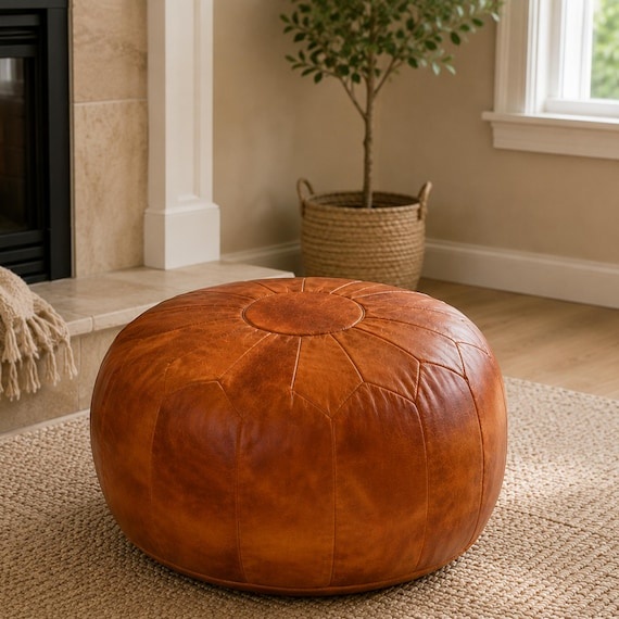 Large Cognac Brown Moroccan Leather Ottoman Pouf Genuine Leather Round Coffee Table Footstool Hassock Handmade Custom Size (Unstuffed)