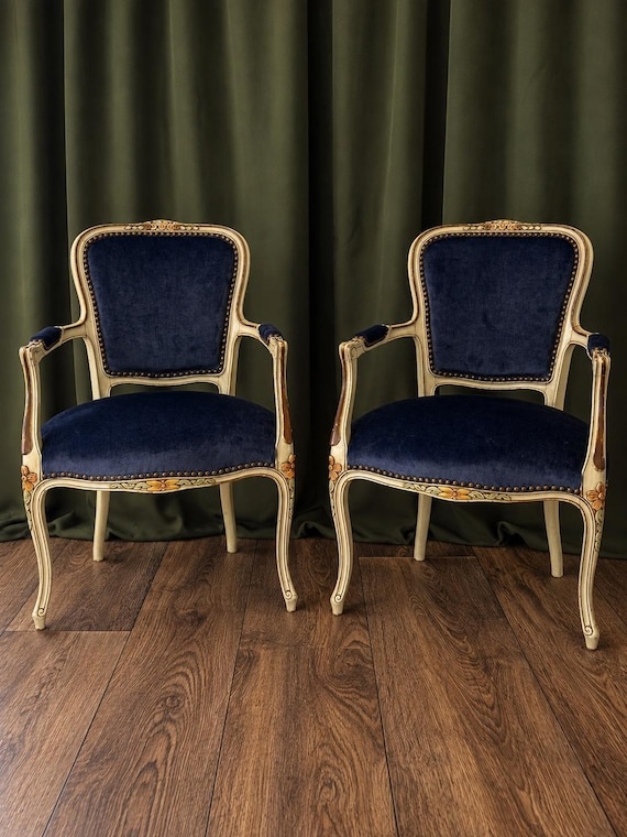 Pair Vintage French Provincial Armchairs, Navy Velvet Louis XV Style Accent Chairs