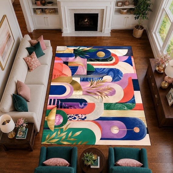 Art Deco Tropical Rug, Navy Coral Green Geometric Palm Leaf, Abstract Marble Statement