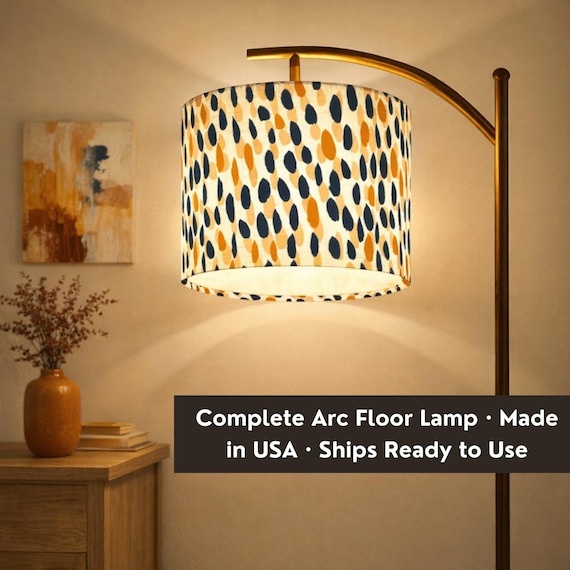 Abstract Arc Floor Lamp | Navy Orange Brushstroke Shade, Brass Frame, Boho Living Room