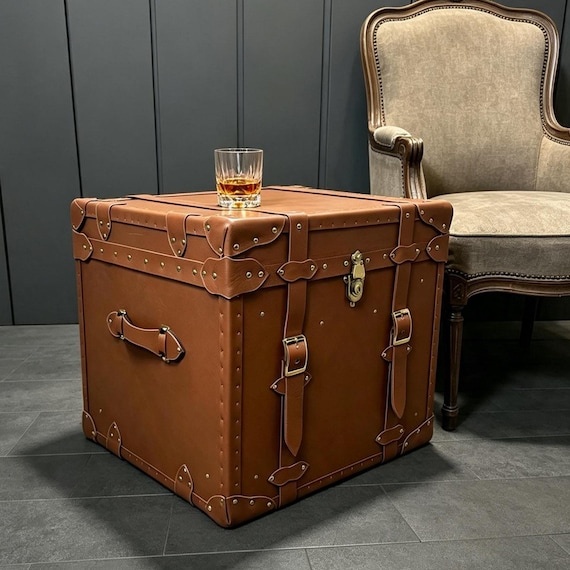 Cognac Leather Trunk Side Table, Steamer Style Travel Decor, Handmade Display Case