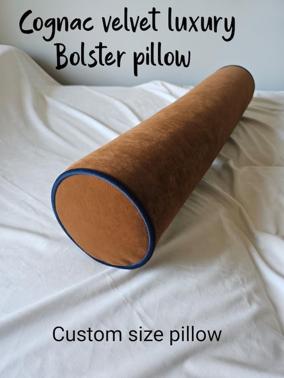 Cognac Velvet Bolster Pillow with Navy Piping, Custom Size