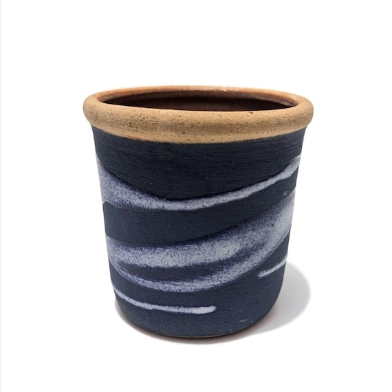 Dominican Republic Ceramic Art Pottery Indigo Blue White Glazed Small Planter Plant Pot