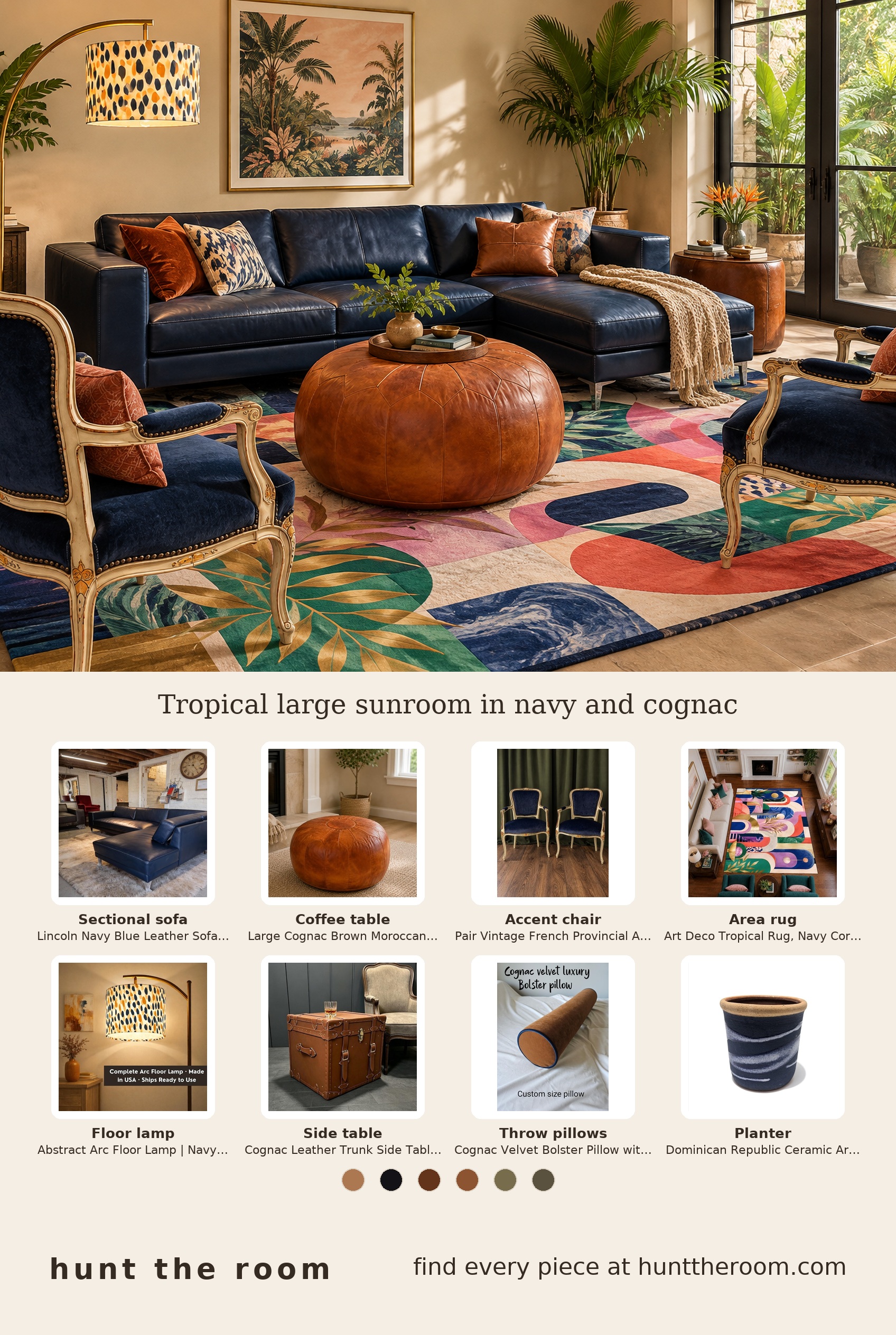 Flat lay showing a deep navy leather sectional sofa chaise, round cognac leather pouf, a pair of vintage navy velvet armchairs, a colorful navy coral tropical rug, an arc floor lamp with patterned shade, a cognac leather trunk side table, a cognac velvet bolster pillow with navy piping, and a ceramic planter with blue and white glaze.