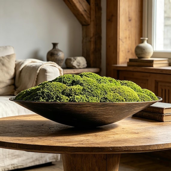 Large Preserved Moss Bowl Centerpiece 18 Inch Wabi Sabi Dining Table Decor Japandi Bronze Metal Planter Luxury Biophilic Living Room Art