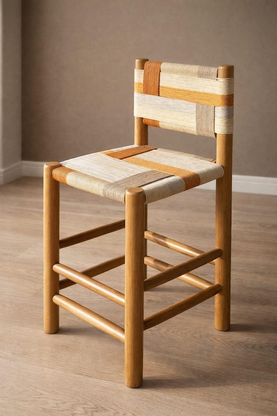 Handwoven Solid Wood Chair | Terracotta Beige Rope Seat | Japandi Wabi Sabi Dining Chair