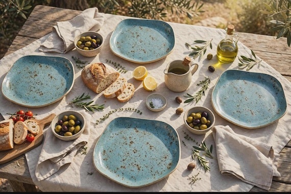 Blue Ceramic Dinner Plate Set, Handmade Organic Stoneware Plates, Turquoise Speckled Dinnerware Set, 26 cm or 19 cm