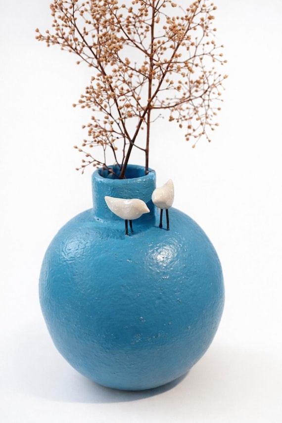 Handmade Ceramic Vase | Blue Bird Chamotte Sculptural Vase | Wabi Sabi Whimsical Decor