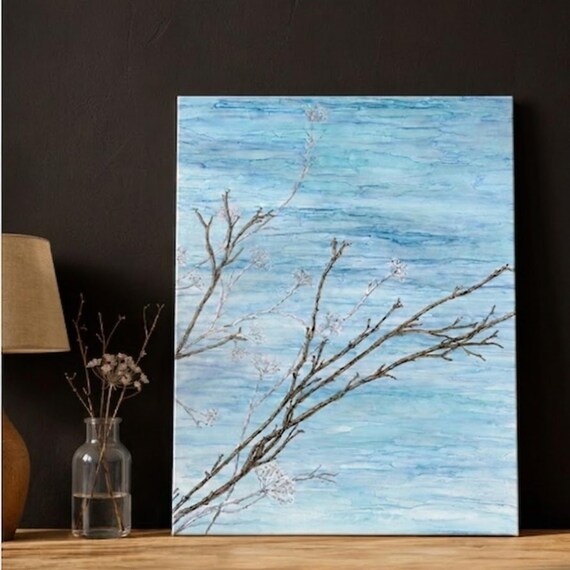 Light Blue Wabi Sabi Wall Art,  Hand Painted Alcohol Ink Coastal Canvas Print - "Persistent Simplicity", Fits Minimalist & Japandi Decor