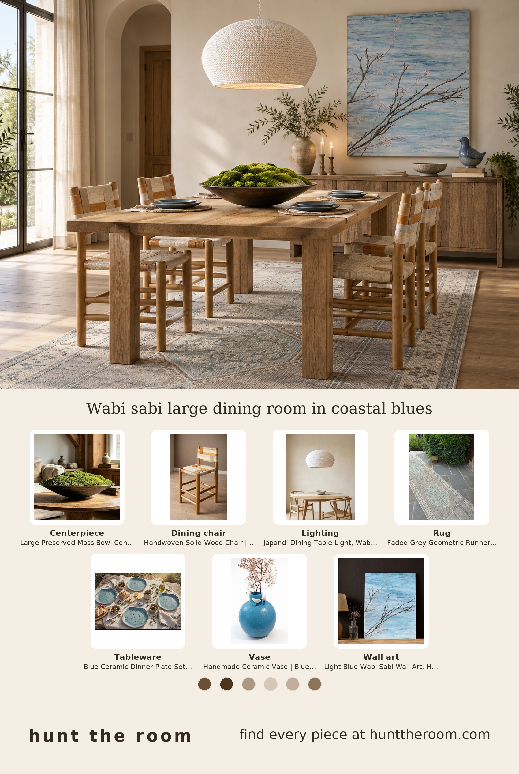 Flat lay of dining room edit including preserved moss bowl, wooden rope seat chairs, Japandi pendant lamp, grey geometric runner rug, blue ceramic plates, blue bird ceramic vase, and coastal blue wabi sabi wall art.