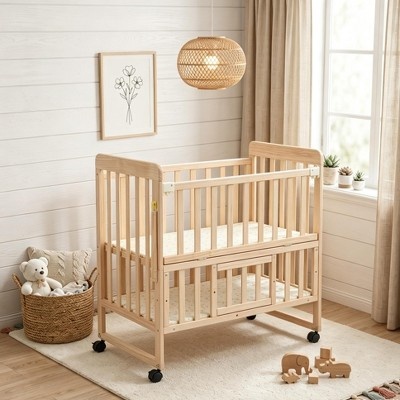 GDFStudio Oziel 5-in-1 Convertible Pine Wood Mini Crib with Storage，Natural