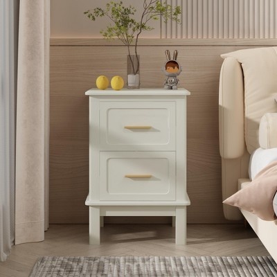 Modern Nightstand with 2 Drawers, Cream White Bedside Table with Gold Handles, Compact Wood Accent Table for Small Spaces
