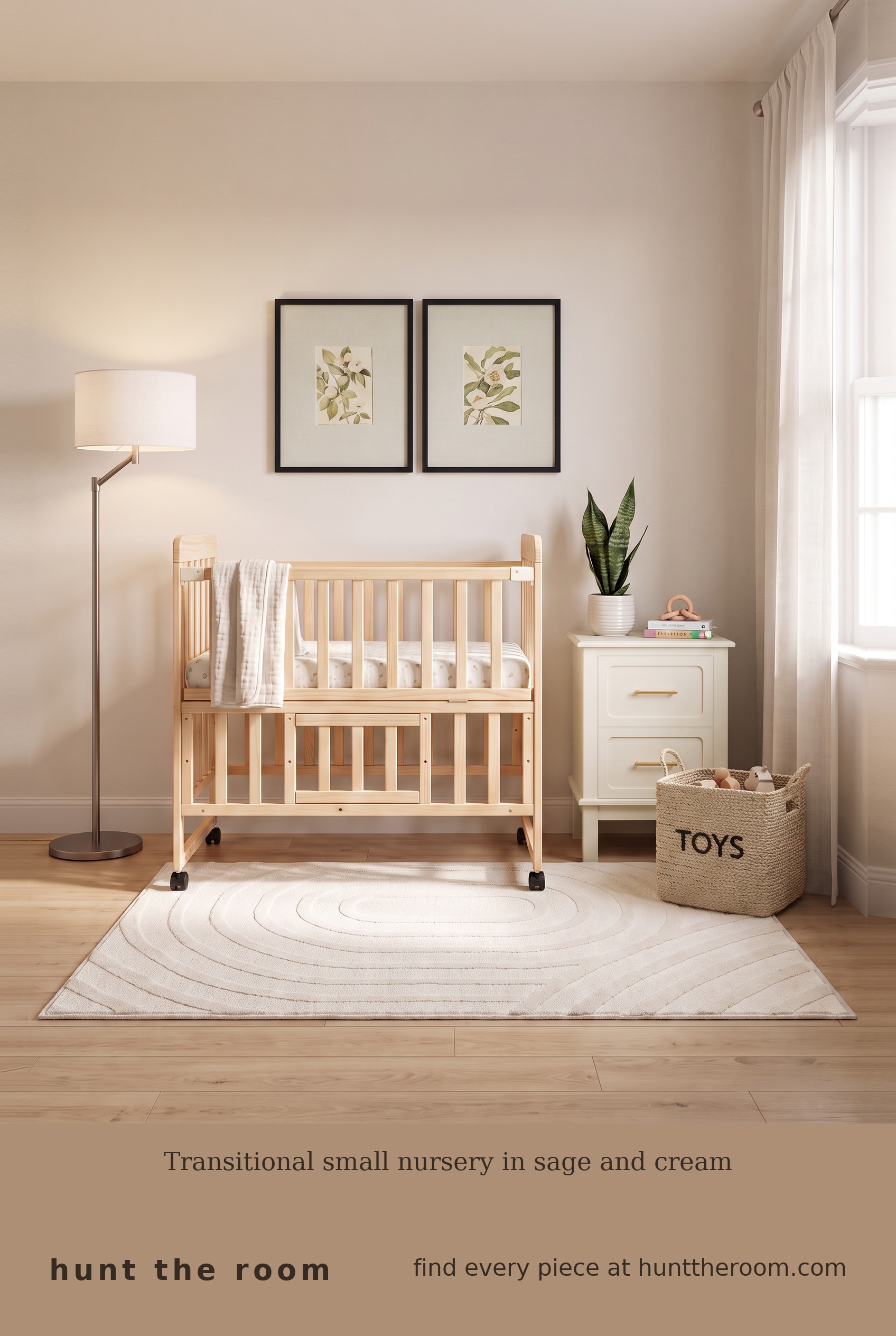 Flat lay image showing natural pine crib, cream side table with gold handles, white linen-shaded floor lamp, soft sage bedding, cream textured rug, sheer linen curtains, framed botanical prints, woven natural basket and potted snake plant in a ceramic pot.