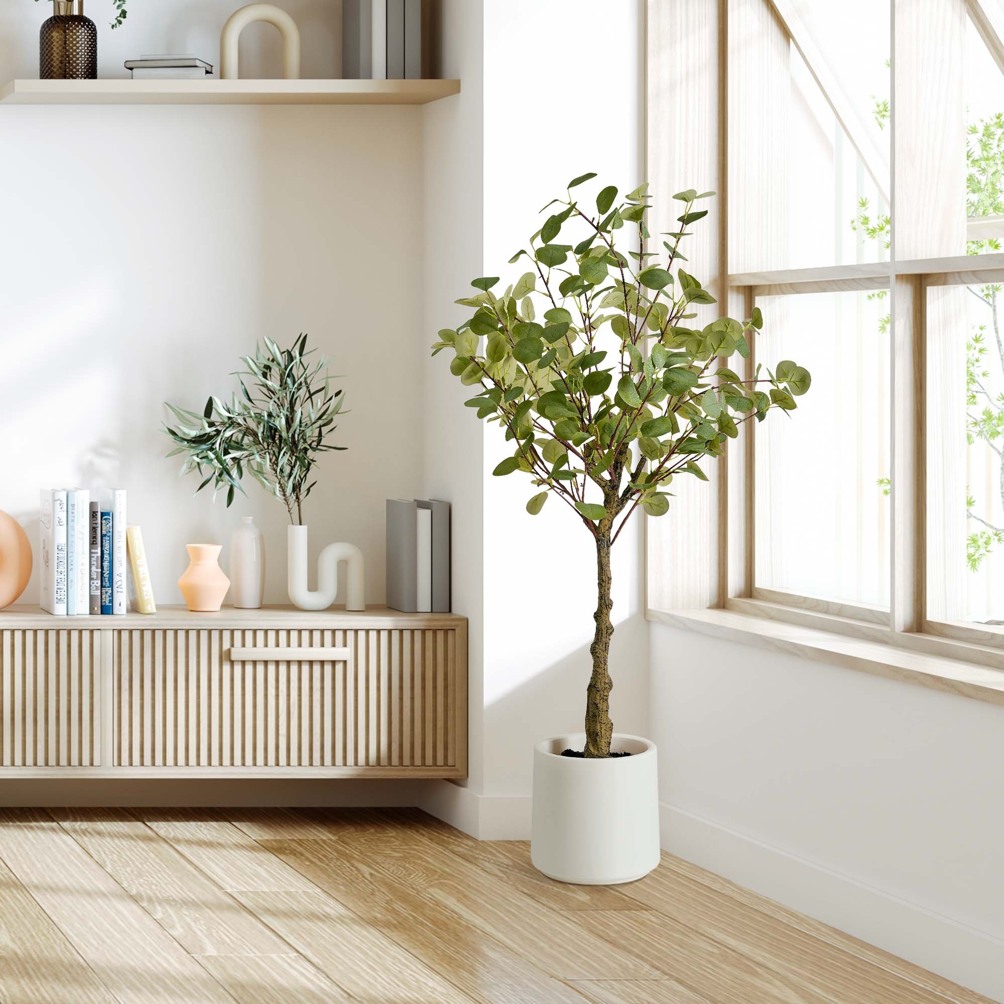 Realistic Artificial Eucalyptus Tree in a White Pot Faux Plant for Indoor Living Room or Office - 48" | AmericanArtDecor.com