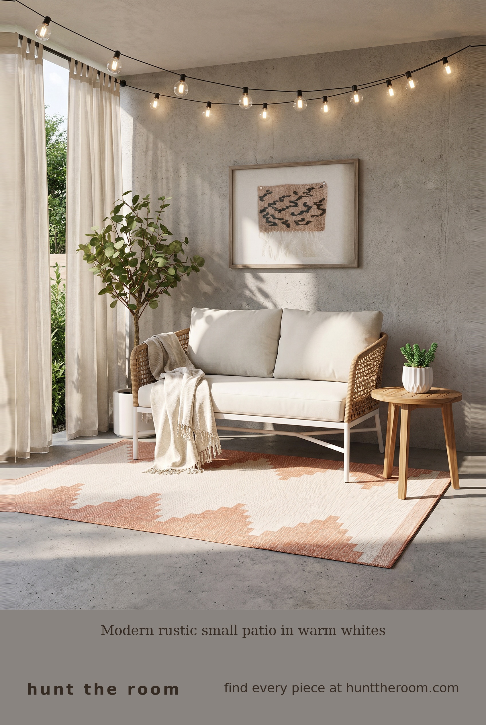 Flat lay of modern rustic small patio pieces including a wicker loveseat with ivory cushions, teak round side table, warm beige geometric rug, white linen curtains, string lights, and white ceramic planters with plants.