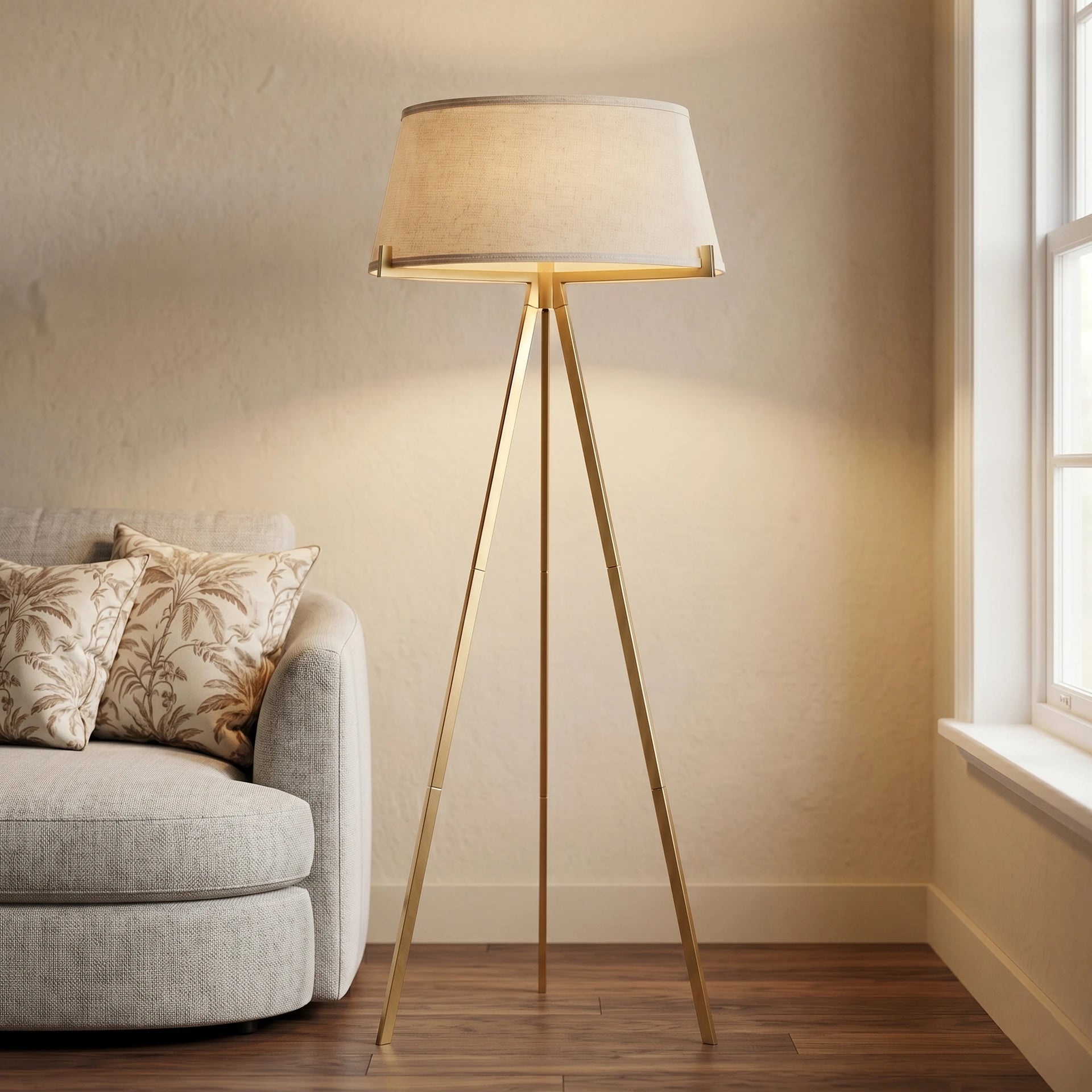 Mid-Century Tripod Floor Lamp with Linen Shade
